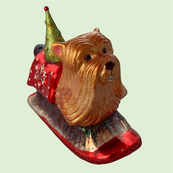 Yorkshire Terrier Dog on Glitter Sled Glass Christmas Ornament
